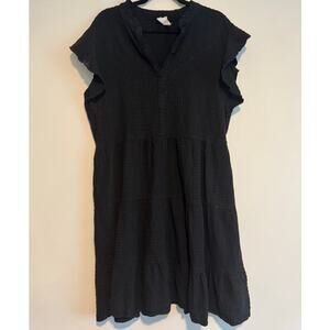 Amadi Anthropologie Black Textured Gauze Tiered Midi Dress Size L Boho Casual‎